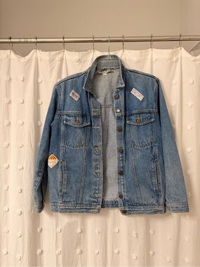 Made In The Shade Classic Light Blue Denim Bomber Jacket with Patch Accents